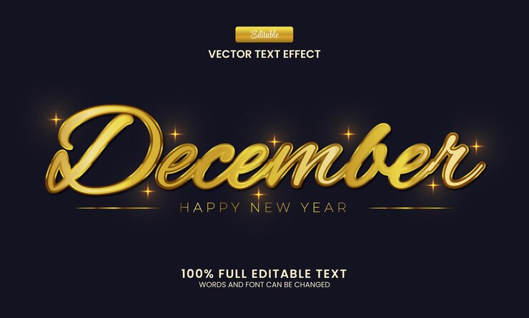 Vector efecto de texto editable ilustración vectorial de texto dorado de diciembre 3d