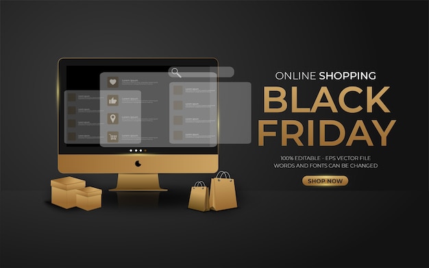 Efecto de texto editable, ilustraciones de estilo black friday de compras en línea