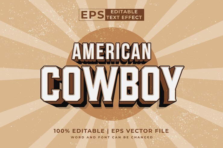 Vector efecto de texto editable insignia de vaquero americano vector premium de estilo vintage 3d