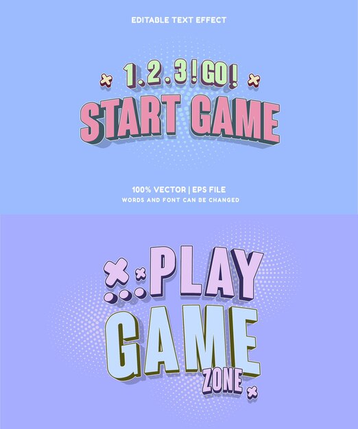 Efecto de texto editable Jugar juego y zona de juego 3d plantilla de dibujos animados estilo vector premium color de moda