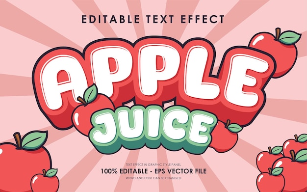 Efecto de texto editable de jugo de manzana con ilustración de manzana adecuado para temas de frutas tropicales