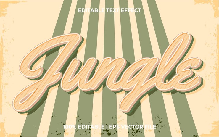 Vector efecto de texto editable de la jungla, estilo de fuente tipográfica con letras, texto 3d retro para el título