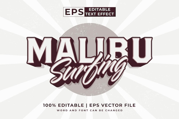Efecto de texto editable malibu surf vector premium de estilo vintage 3d