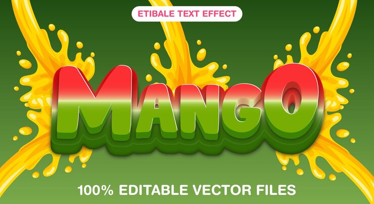 Vector efecto de texto editable de mango fresco y colorido 3d con fondo jugoso