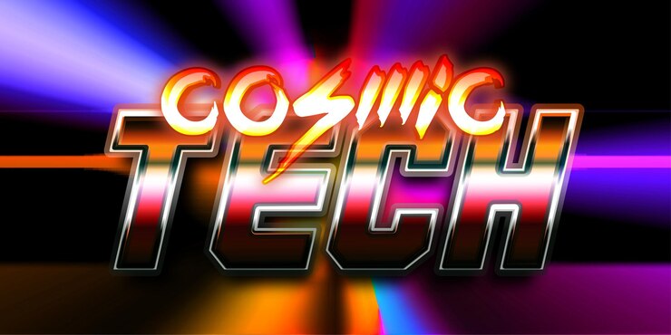 Vector efecto de texto editable metálico brillante retro futurista de tecnología cósmica de la vieja escuela de los años 80 para promoción de carteles de volantes de moda y plantillas de pancartas