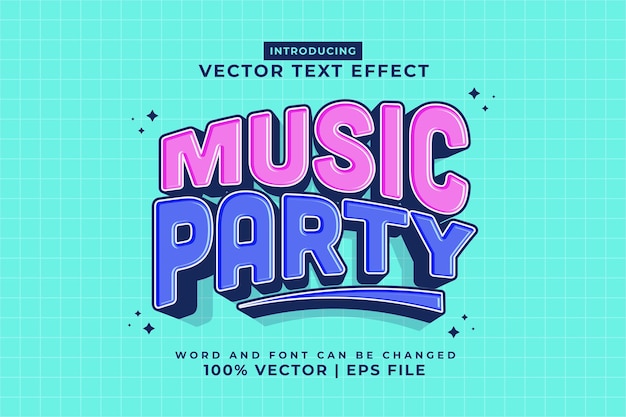 Vector efecto de texto editable music party 3d plantilla de dibujos animados estilo premium vector