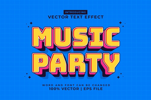 Vector efecto de texto editable music party 3d plantilla de dibujos animados estilo premium vector