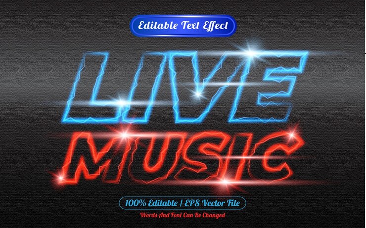 Vector efecto de texto editable de música en vivo con tema de luz.