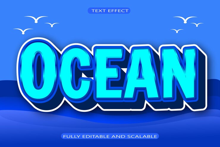Vector efecto de texto editable de océano 3 dimensiones en relieve estilo moderno
