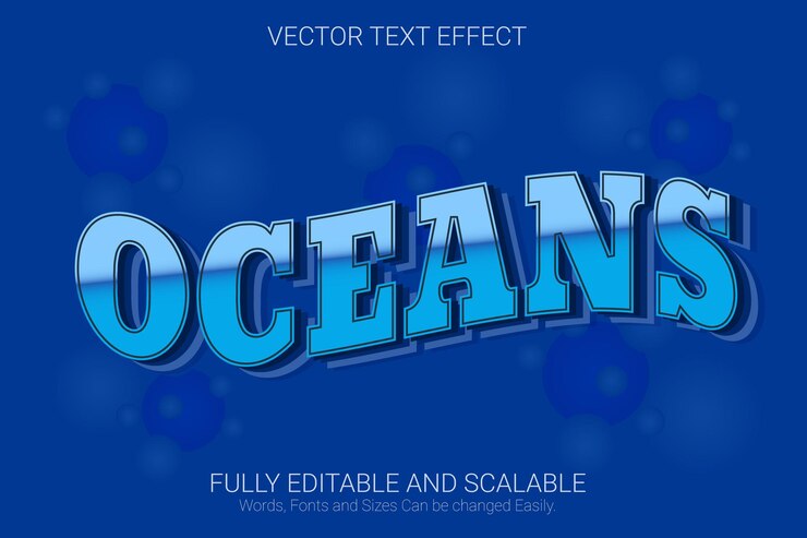 Vector efecto de texto editable océanos, estilo de texto de color azul