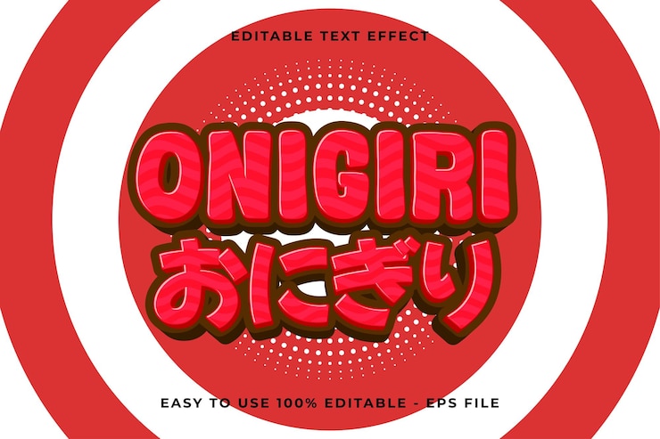 Vector efecto de texto editable en onigiri 3d moderno modelo de dibujos animados de estilo vectorial premium