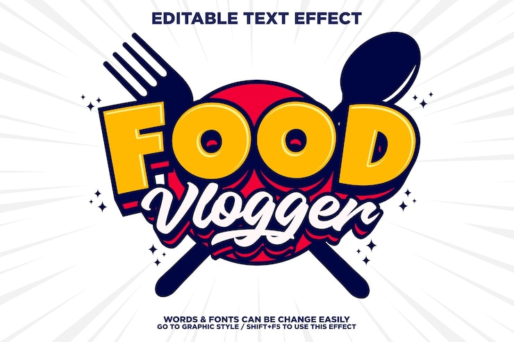 Vector efecto de texto editable plantilla de estilo de dibujos animados tradicionales 3d de food vlogger