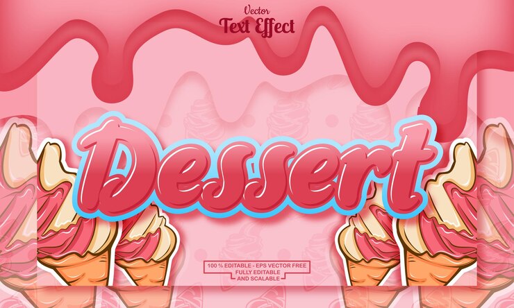 Vector efecto de texto editable de postre en fondo derretido con patrón dibujado a mano de helado rosado