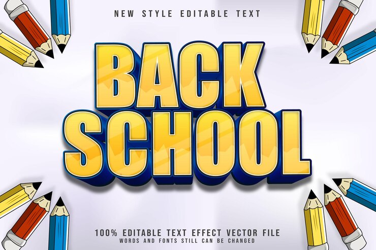 Vector efecto de texto editable de regreso a la escuela en relieve estilo de dibujos animados amarillo de 3 dimensiones