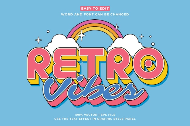 Efecto de texto editable retro vintage Retro Vibes vector premium de estilo de dibujos animados 3D