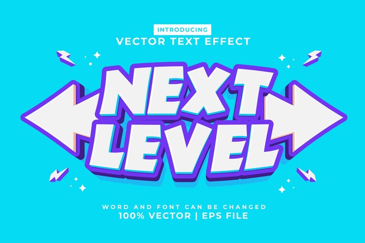 Vector efecto de texto editable siguiente nivel 3d plantilla de dibujos animados estilo vector premium