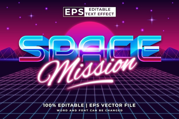 Efecto de texto editable space mission retro 3d 80s estilo de plantilla premium vector