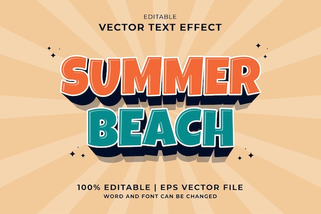 Efecto de texto editable summer beach 3d plantilla de dibujos animados estilo premium vector