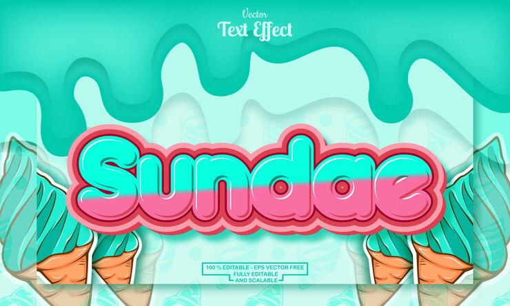 Vector efecto de texto editable de sundae en el fondo de fusión con patrón dibujado a mano de helado de menta