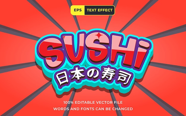 Efecto de texto editable Sushi comida japonesa 3D perfecto para banner elemento de diseño de comida