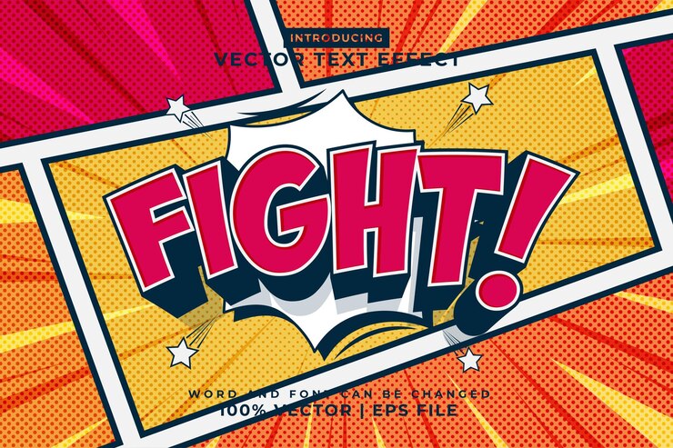 Vector efecto de texto editable template de dibujos animados 3d de lucha de cómic de estilo cómico vectorial premium