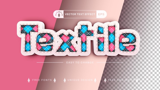 Vector efecto de texto editable textil, estilo de fuente