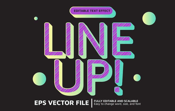 Vector efecto de texto editable con textura de línea diagonal en degradado púrpura y verde azulado