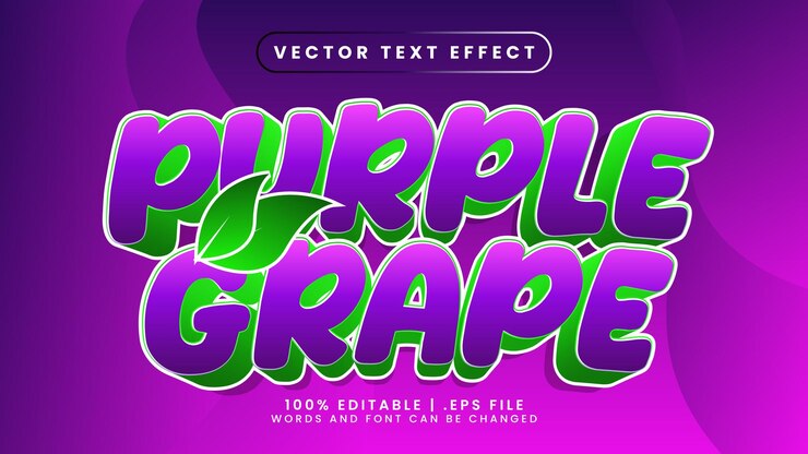 Vector efecto de texto editable de uva morada con estilo de texto verde y rosa