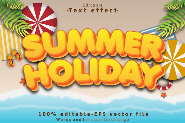 Vector efecto de texto editable de vacaciones de verano estilo de dibujos animados 3d