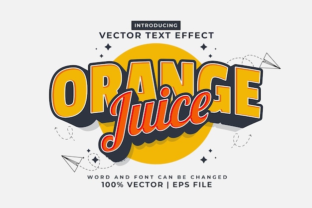 Efecto de texto editable Vector premium de estilo de plantilla de dibujos animados 3d de jugo de naranja