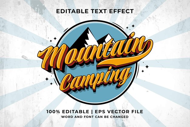 Efecto de texto editable - Vector premium de estilo de plantilla de dibujos animados tradicionales 3d de Mountain Camping
