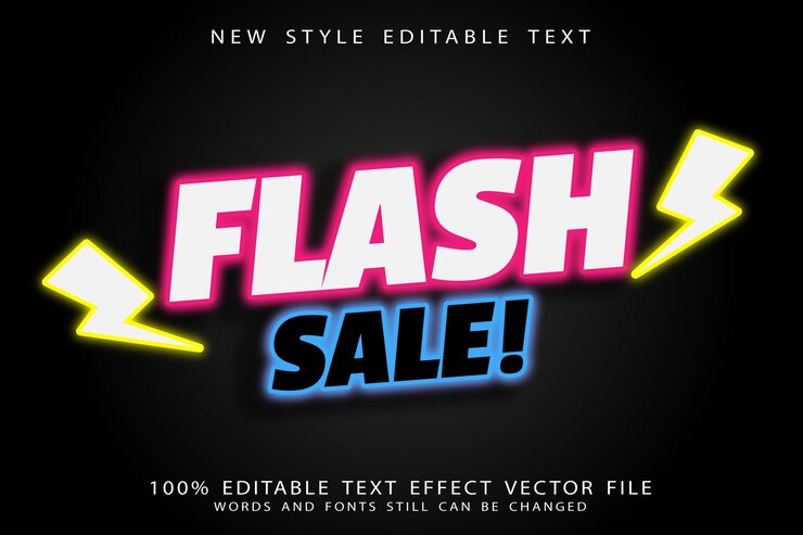 Vector efecto de texto editable de venta flash en relieve estilo neón
