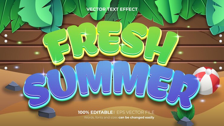 Vector efecto de texto editable de verano fresco vectorial con estilo de dibujos animados sobre fondo de madera