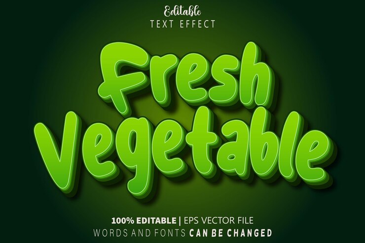 Vector efecto de texto editable de verduras frescas estilo de dibujos animados en relieve