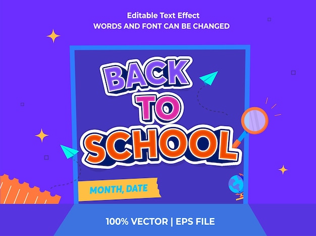 Efecto de texto editable De vuelta a la escuela 3d Estilo de plantilla de dibujos animados tradicional Vector premium Imprenta