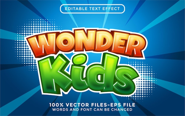Efecto de texto editable de wonder kids, estilo de dibujos animados, vectores premium