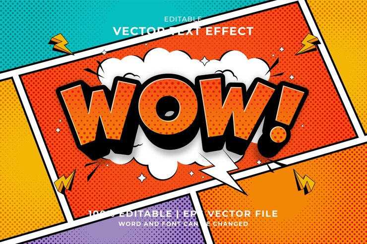 Vector efecto de texto editable wow 3d cartoon comic style vector premium