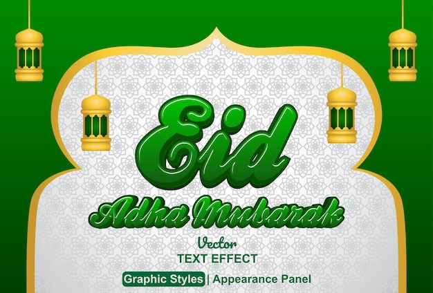 Efecto de texto de eid adha mubarak con estilo gráfico de color verde y editable