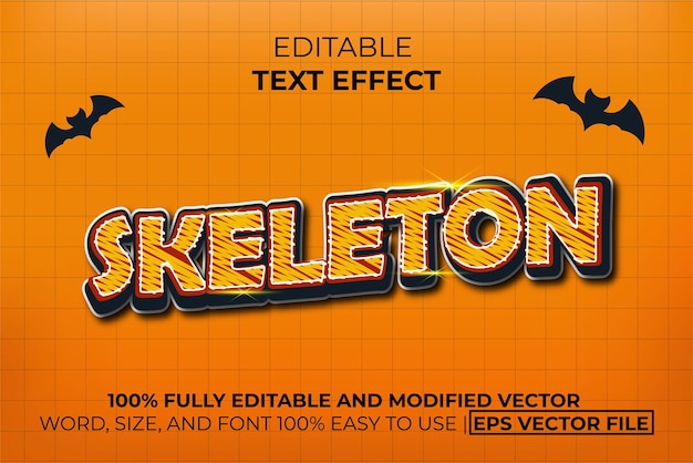 Vector el efecto de texto del esqueleto de halloween es fácil de editar