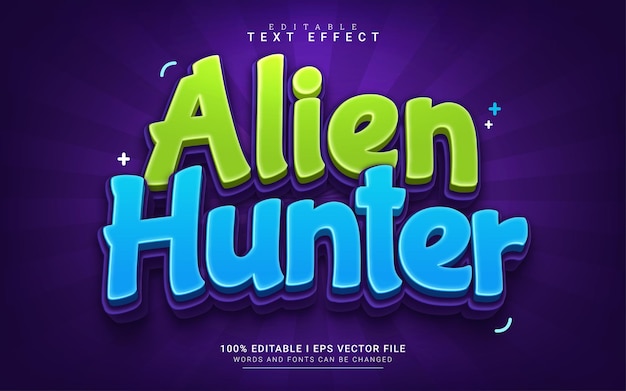 Efecto de texto de estilo 3d de dibujos animados de cazador alienígena