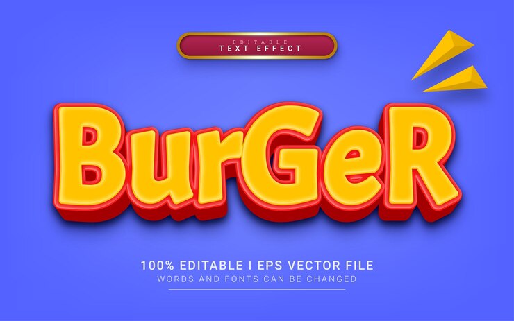 Vector efecto de texto de estilo 3d de dibujos animados de hamburguesa