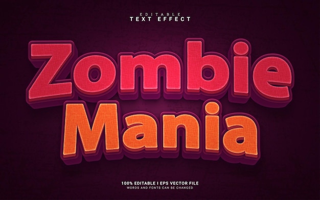 Efecto de texto de estilo 3d de dibujos animados de zombie mania