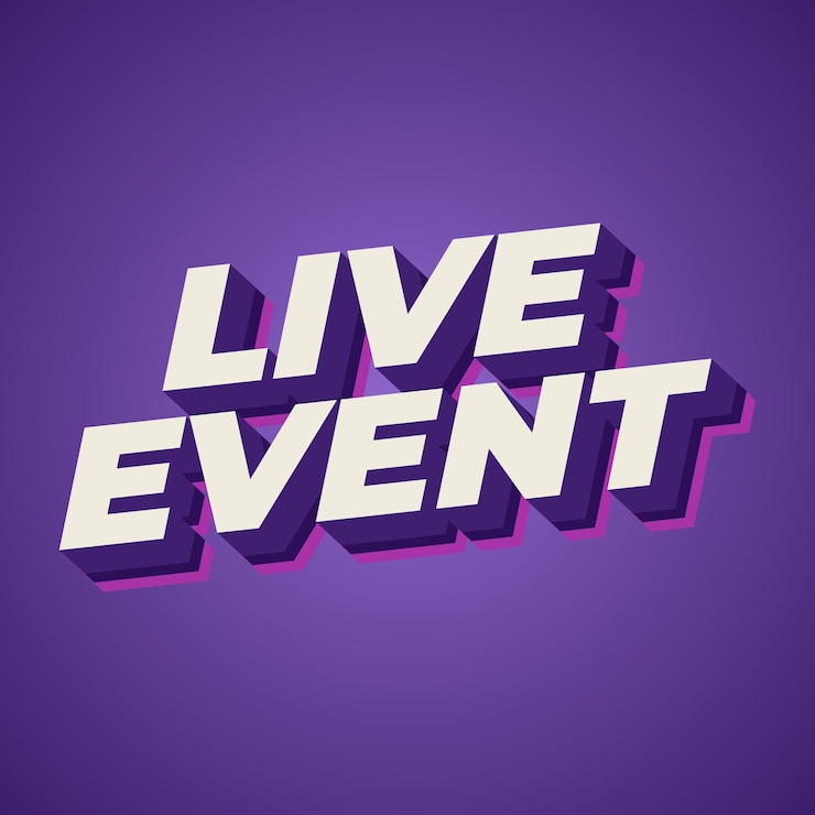 Vector efecto de texto de evento en vivo en fuentes en negrita con efecto 3d color púrpura blanco