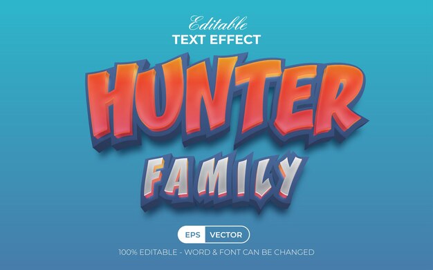 Efecto de texto de la familia Hunter estilo de dibujos animados Efecto de texto editable