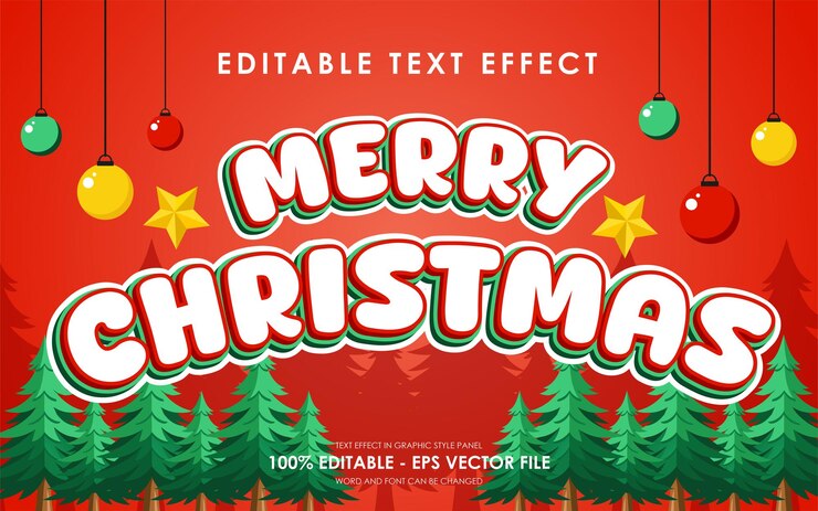 Vector efecto de texto de feliz navidad editable con un árbol de navidad y decoraciones en el fondo