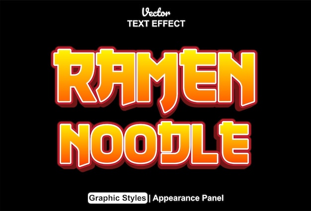 Efecto de texto de fideos ramen con estilo gráfico y editable.