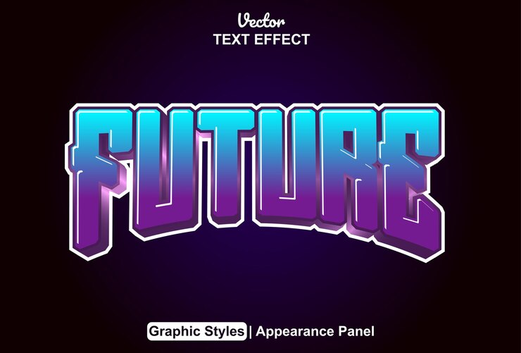 Vector efecto de texto futuro con estilo gráfico de color azul y editable.