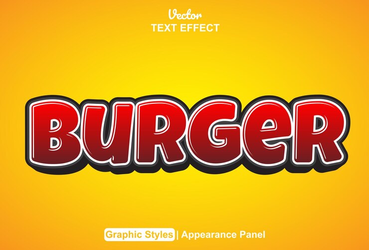 Vector efecto de texto de hamburguesa con estilo gráfico y editable.