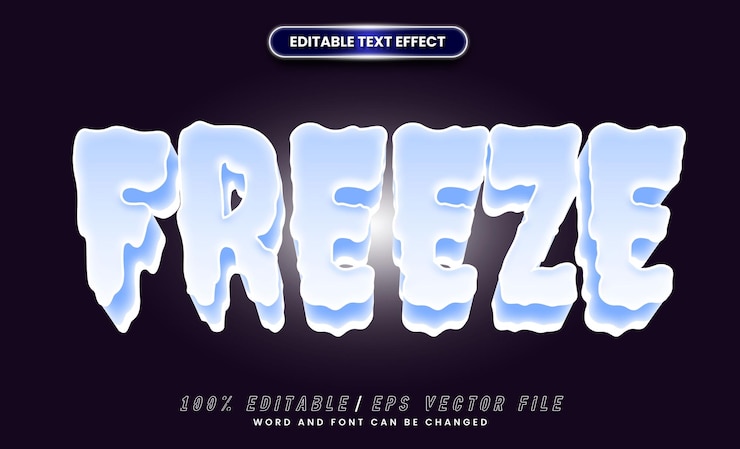 Vector efecto de texto de hielo congelado 3d azul brillante dibujos animados editables