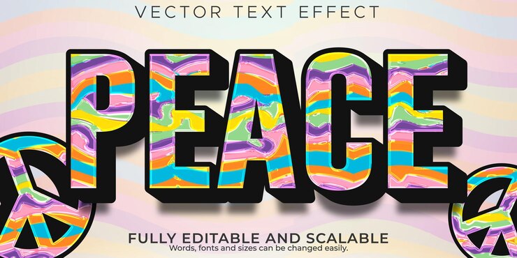 Vector efecto de texto hippie vintage, estilo de texto de paz y retro editable